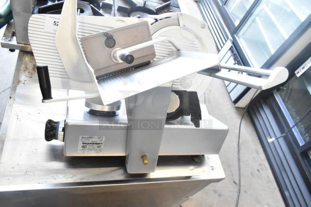 Bizerba SE 12 US commercial meat slicer with blade sharpener, 120 volts, 1 phase, NSF-certified, clean and in good condition.