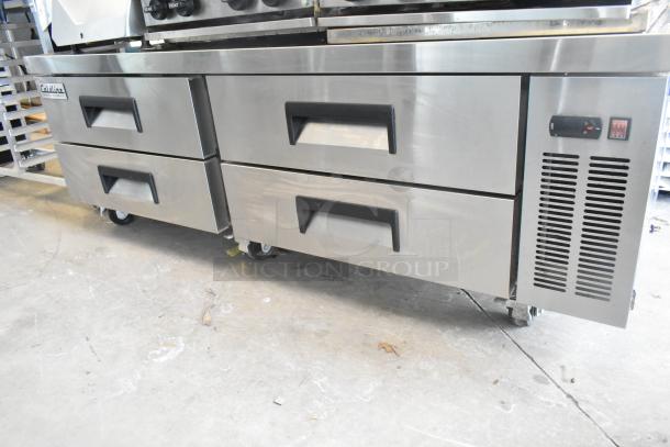Coldline CB-72 commercial 4-drawer chef base on casters, stainless steel, 115V, 1 phase, in good condition.