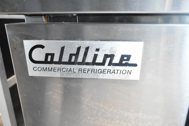 Coldline CB-72 Commercial Chef Base, 4 Drawer, stainless steel, on casters. 115 Volts, 1 Phase. Branding visible on front.