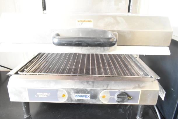 Equipex SEM60Q Commercial Salamander Cheese Melter, 208/240V, 1 Phase. Stainless steel, adjustable shelf, warning label visible.