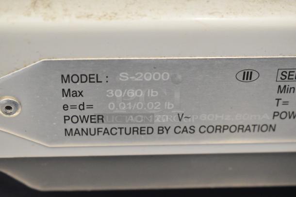 CAS S-2000 scale label, max 30/60 lb, e=d=0.01/0.02 lb, AC 120V, manufactured by CAS Corporation.