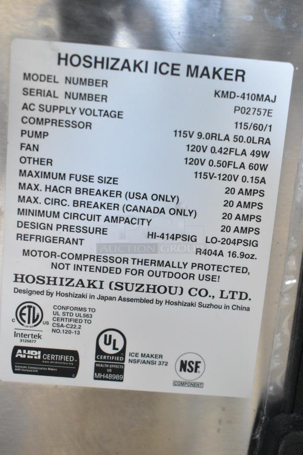 Hoshizaki KMD-410MAJ ice machine head label, showing model, voltage, certifications, and specifications. 115V, 1 Phase.
