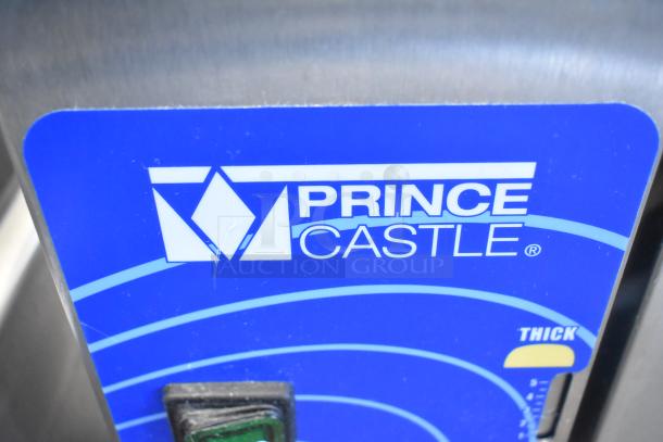 Prince Castle 297-T12P countertop slim line bun toaster, 115 volts, 1 phase, features blue control panel with thick/toasting options.