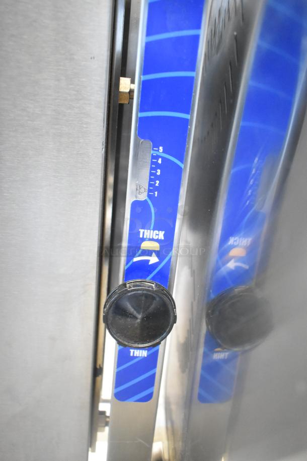 Prince Castle 297-T12P countertop bun toaster, adjustable thickness dial, 115 volts, 1 phase, showing side view controls.