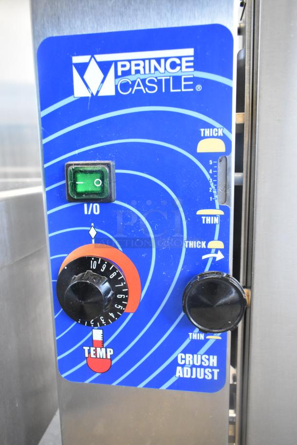 Prince Castle 297-T12P Slim Line Bun Toaster, countertop model. Features temperature and crush adjust controls.