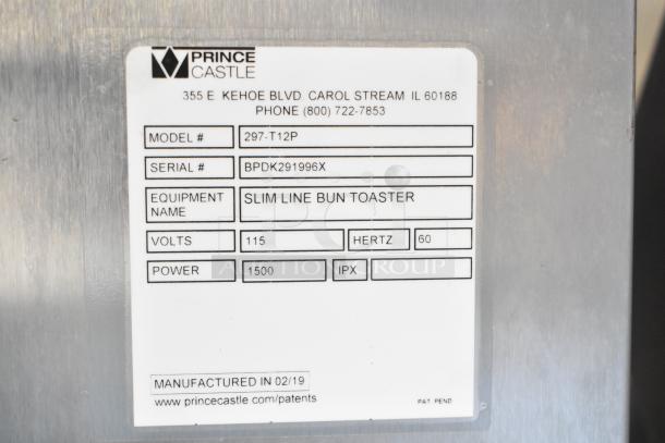 Prince Castle 297-T12P Countertop Slim Line Bun Toaster, 115V, 1 Phase, Model 297-T12P, Serial BPDK291996X.