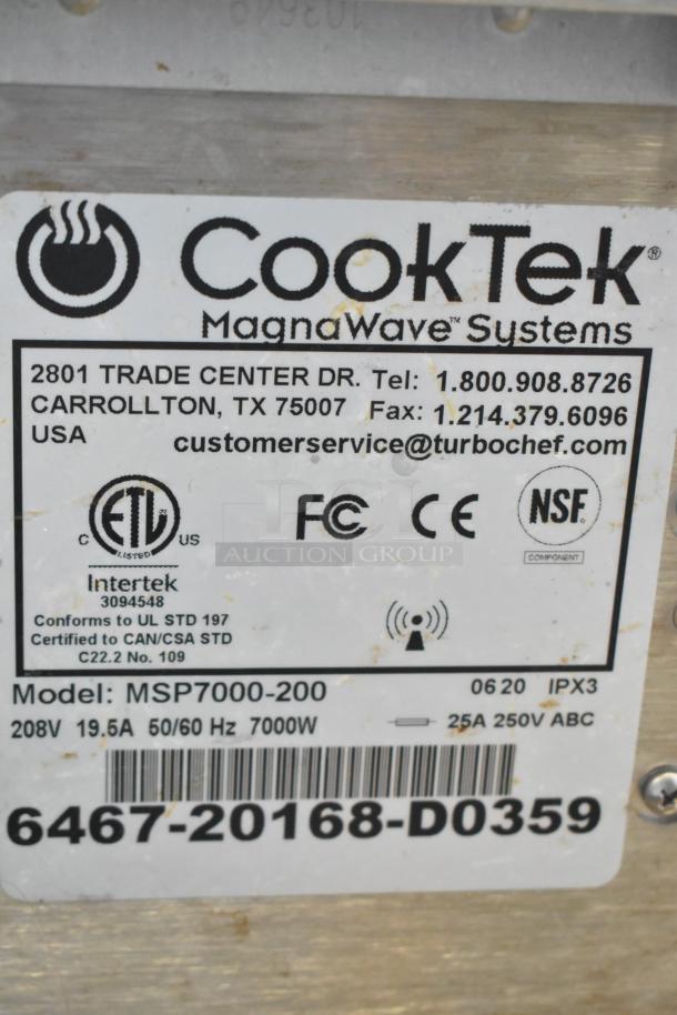 CookTek MSP7000-200 Induction Range label showing model, 208V, 7000W, compliance logos, and contact information.
