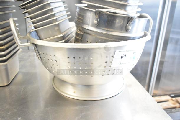 Stainless steel colander with drop-in bins, marked "61" for auction. Good condition. Lot includes 47 items.
