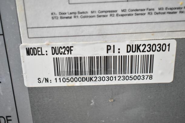Dukers DUC29F model label with barcode and serial number for commercial undercounter freezer, voltage 115V, 1 phase.