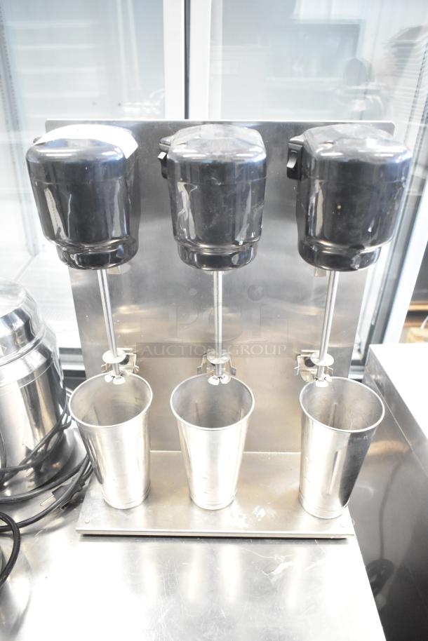 Waring 32DM16 Commercial 3 Head Drink Mixer, 120V, stainless steel, excellent condition, includes three mixing cups.