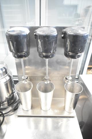 Waring 32DM16 Commercial 3 Head Drink Mixer, 120V, stainless steel, excellent condition, includes three mixing cups.