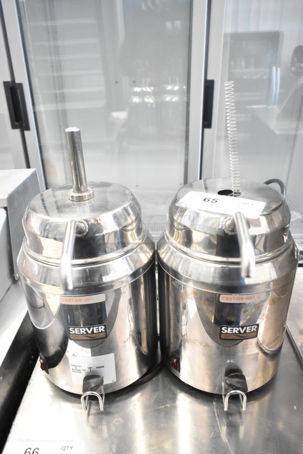 2 Server FSP commercial countertop topping warmers, stainless steel, 120 volts, 1 phase, with caution hot labels.
