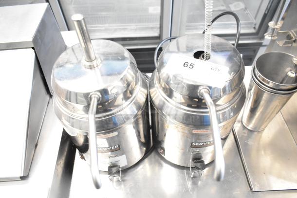 2 Server FSP countertop topping warmers, stainless steel, 120V, 1 phase, with pumps. Visible labels include specifications.