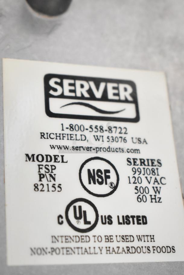 Label on a Server FSP countertop topping warmer. Model FSP, Series 99J081, 120V, 500W, NSF and UL listed.