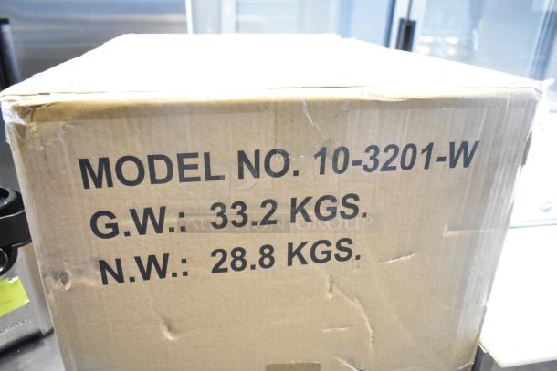 Box with model number 10-3201-W for a new Weston Pro Series Electric Meat Grinder, 120 Volts, 1 Phase. Scratch and dent.