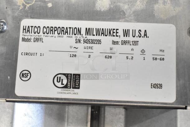 Hatco GRFFL Glo-ray Heat Strip Warmer label, 120V, 1 phase, model GRFFL, serial 9426302205, made in USA, UL and NSF certified.