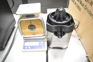 3 items: Qualite digital scale with display, Taylor 16oz manual scale, Cuisinart juicer base. Good condition.