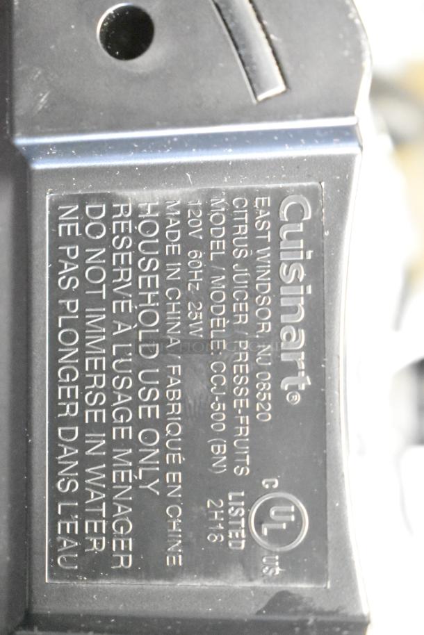 Cuisinart juicer base label showing model CCJ-500BN, 120V, 25W, household use only, made in China.