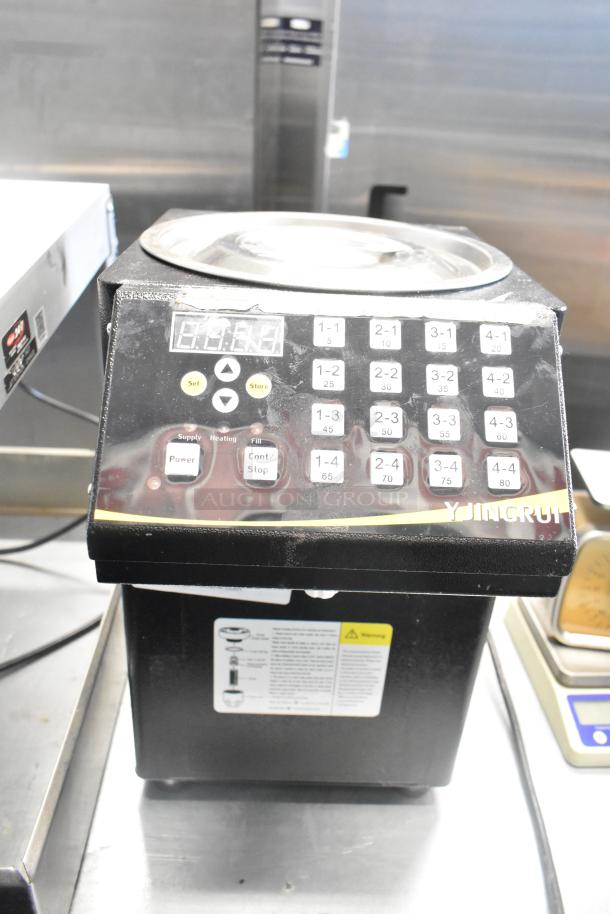 Yjingrui countertop automatic fructose dispenser for bubble tea, 110 volts, keypad interface, visible brand label.