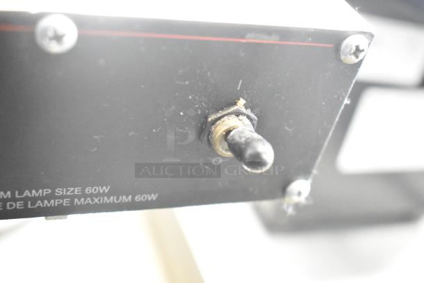 Hatco Countertop Food Warming Strip Station, 120V, 1 Phase. Close-up shows a black toggle switch and max lamp size marking.