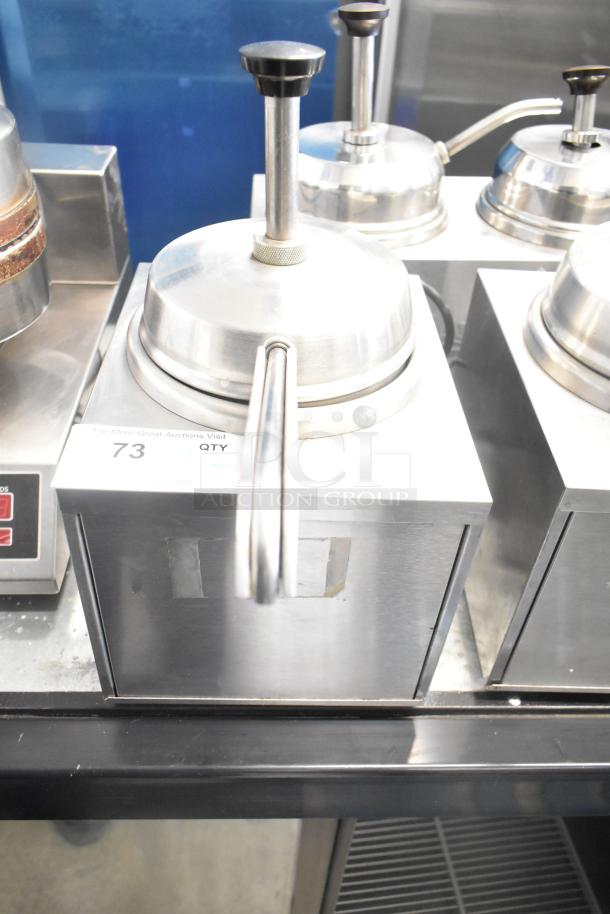 Star 3W countertop topping food warmers with pump, stainless steel, uses 120 volts, 1 phase. Auction label: QTY 73.