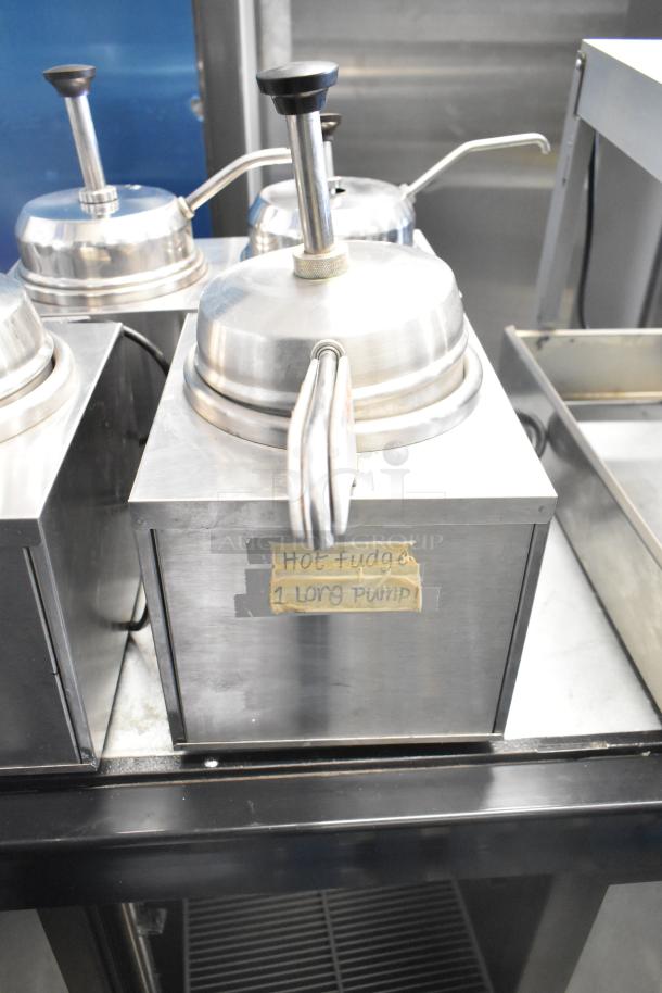 Star 3W countertop food warmer with pump. Stainless steel, 120V, 1 phase. Label: "Hot Fudge 1 Long Pump."