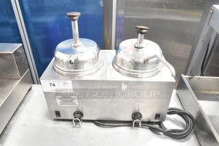 Server TWIN FS countertop food warmer, 2 well, pump, 120V, 1 phase, stainless steel, visible caution labels, good condition.