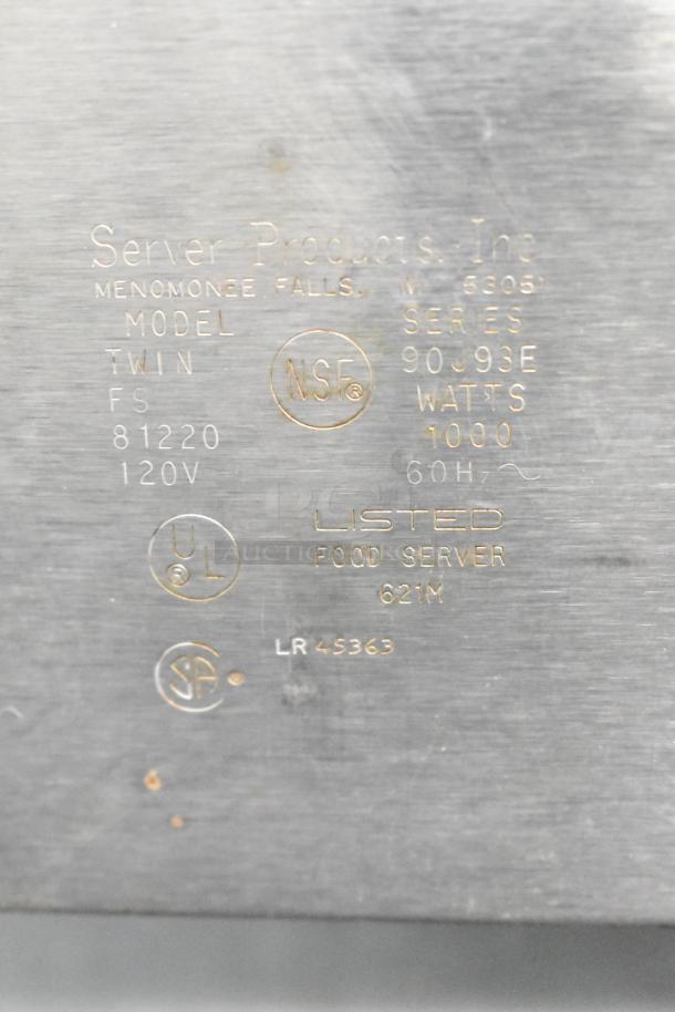Server TWIN FS Countertop 2 Well Topping Food Warmer, 120V, 1000W. NSF, UL listed. Model and specs engraved on metal.