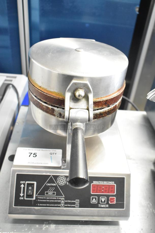 Countertop waffle cone maker, stainless steel, 120 volts, 1 phase, digital timer, minor wear on edges, operational condition.