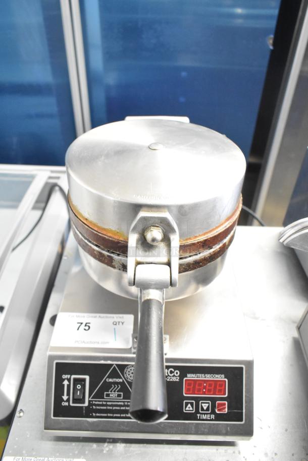 Countertop waffle cone maker, 120V, 1 phase, metal build with a black handle, timer display, model WHCT-2282.