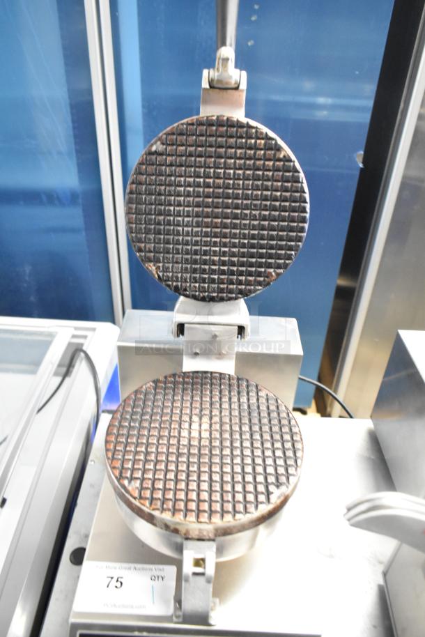 Countertop waffle cone maker, 120 Volts, 1 Phase, used condition, grid pattern plates, metal handle, lot tag visible.