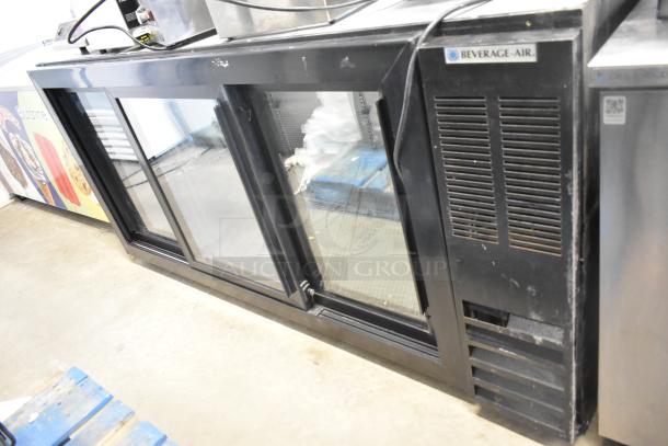 Beverage Air BB72HC-1-GS-B black commercial back bar cooler, 3 glass doors, model tag visible, used condition.