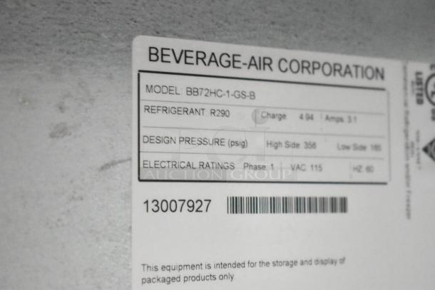 Beverage Air BB72HC-1-GS-B tag showing refrigerant R290, design pressure, and electrical ratings for a 115 Volt, 1 Phase cooler.