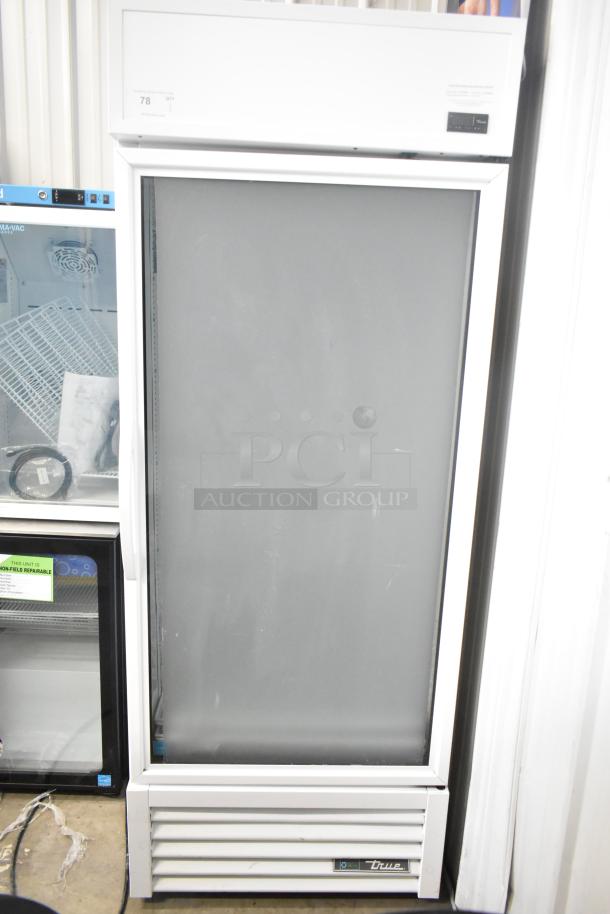 2021 True TSCI-600R-G-PH commercial single door reach-in cooler, 115V, 1 phase. Front view, glass door, white exterior.