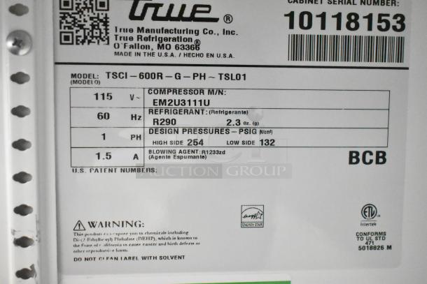 Label of 2021 True TSCI-600R-G-PH Reach In Cooler, 115 volts, 1 phase, R290 refrigerant, showing specifications and warnings.