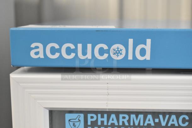 Accucold ARG3PV456 Commercial Mini Cooler, blue and white design. Features Pharma-Vac signage. 115 Volts, 1 Phase.