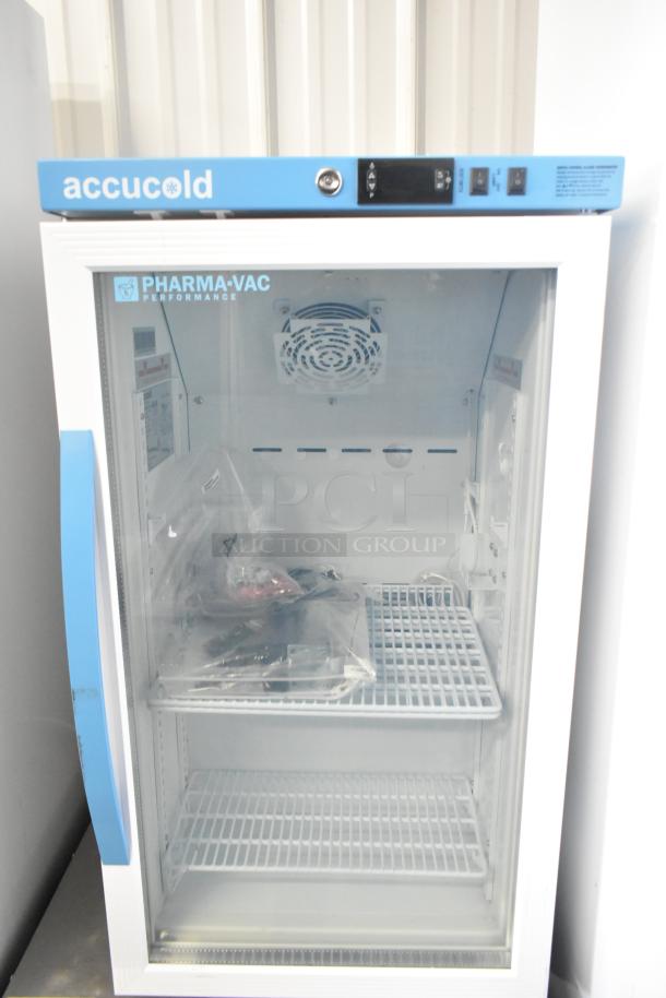 Accucold ARG3PV456 commercial mini cooler merchandiser, 115V, 1 Phase. Features glass door, digital controls, and shelving.