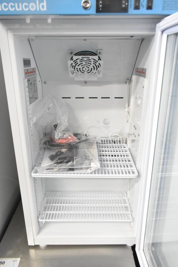 Accucold ARG3PV456 commercial mini cooler merchandiser with shelving. Model ARG3PV456, 115 Volts, 1 Phase.