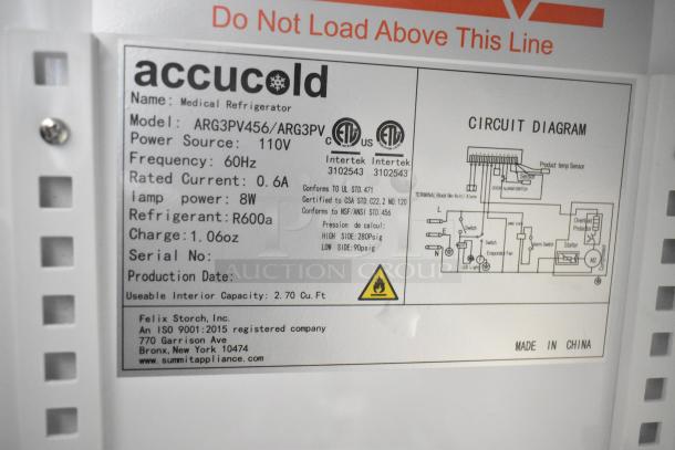 Accucold ARG3PV456 commercial mini cooler label detailing model, voltage, frequency, refrigerant, and capacity.