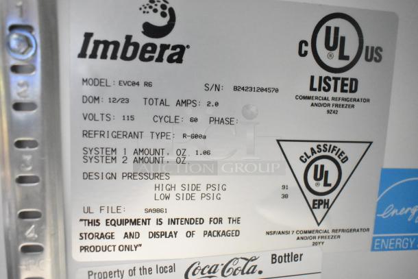Imbera EVC04 Commercial Mini Cooler label showing model, 115V, 1-phase, R-600a refrigerant, UL listings, and technical specs.