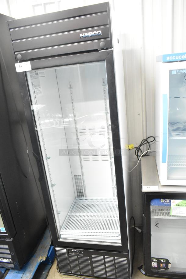 2019 Habco SE18 commercial single door reach-in cooler, 115 volts, 1 phase. Features glass door, adjustable shelves, branded top.