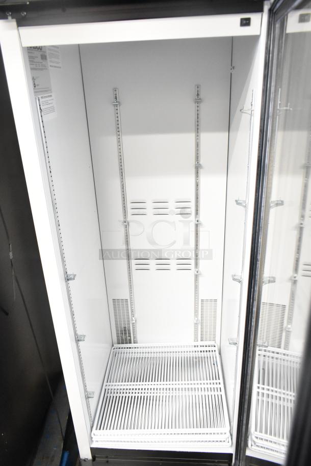 2019 Habco SE18 commercial single door cooler, interior view. Metal shelving, 115 volts, 1 phase, pristine condition.