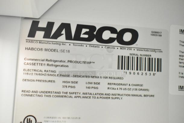 2019 Habco SE18 Commercial Single Door Cooler label. 115V, single phase; Model SE18; Refrigerant R134a.