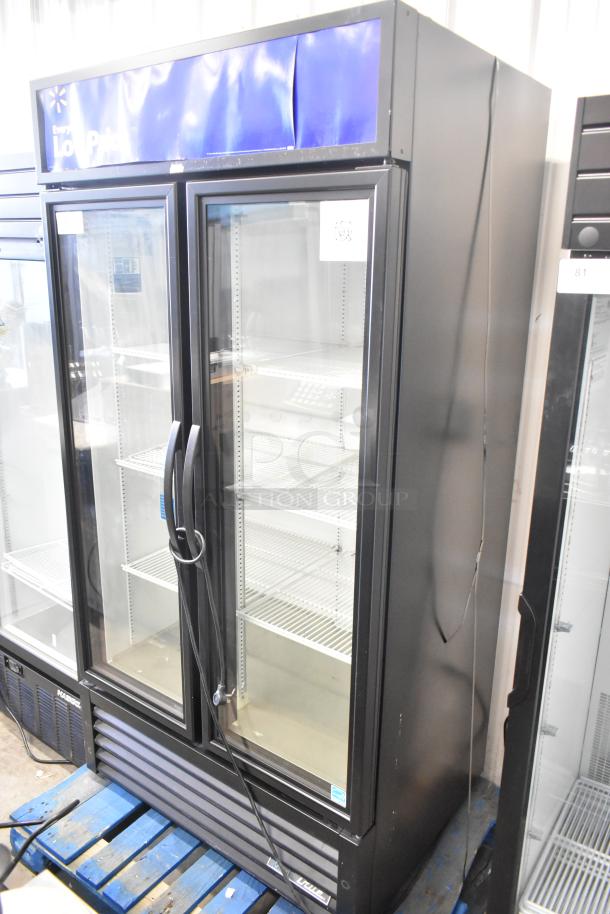2024 True GDM-35-HC Commercial 2 Door Reach In Cooler Merchandiser, black, 115V, with shelves, good condition.