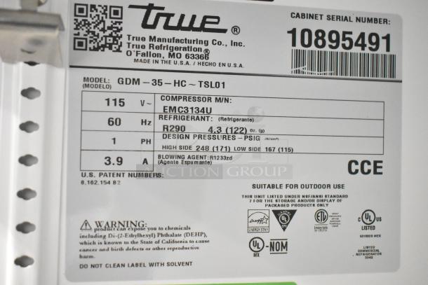 2024 True GDM-35-HC Commercial Cooler label, 115V, 1 Phase, EMC3134U compressor, R290 refrigerant, serial 10895491.