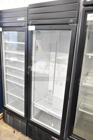 2019 Habco SE18 single door cooler, model SE18, 115 volts, 1 phase. Black exterior, clear glass door, shelving included.