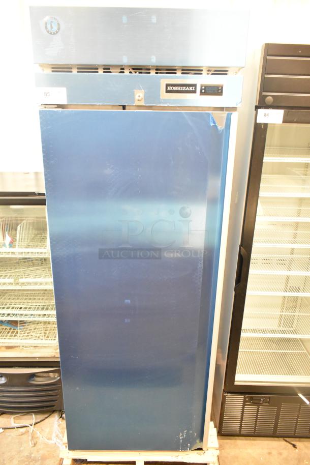 Brand new 2026 Hoshizaki R1A-FSL single door reach-in cooler with commercial casters, 115V, 1-phase.
