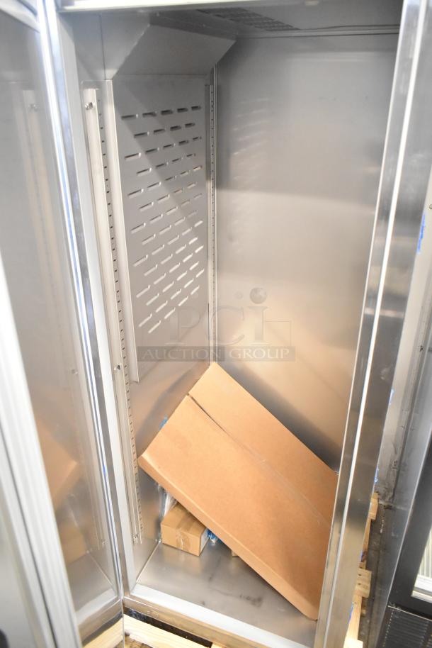 Brand new 2026 Hoshizaki R1A-FSL single door reach-in cooler, stainless steel interior, with casters. 115V, 1 Phase.