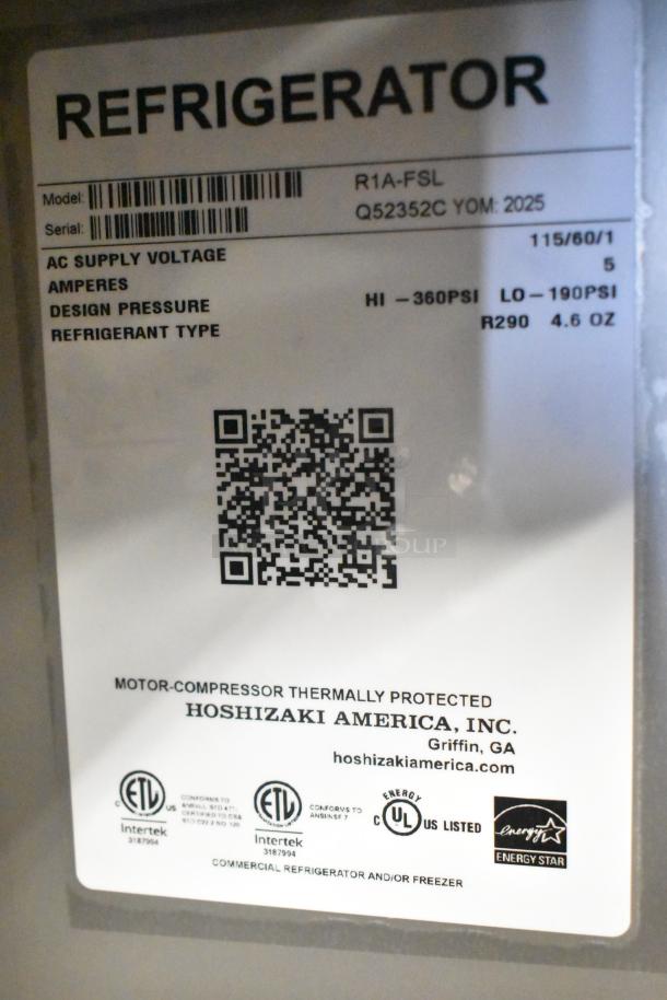 Brand new Hoshizaki R1A-FSL commercial single-door cooler label, showing model, voltage, and Energy Star certification.