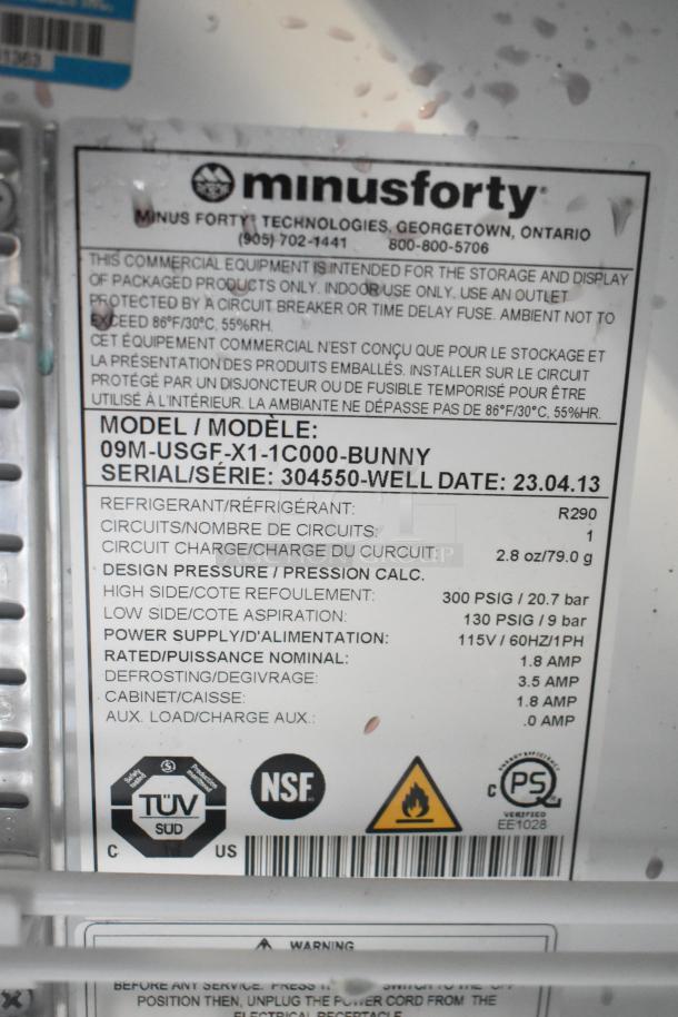 2023 Minus Forty 09M-USGF commercial freezer label, model 09M-USGF-X1-1C000-BUNNY. 115 volts, 1 phase. Features R290 refrigerant.